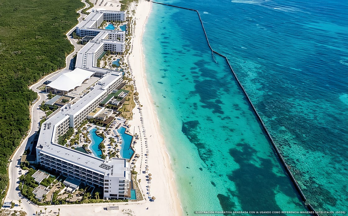 Ilustración aérea de Hilton Cancún, Puerto Morelos (playa Riviera Cancun Norte), Caribe Mexicano