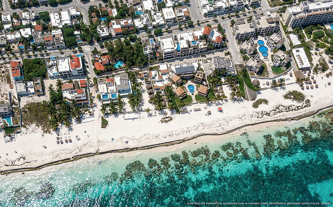 Illustrazione aerea di Hotel Arrecifes Suites, Puerto Morelos (spiaggia Puerto Morelos Centro), Caraibi messicani