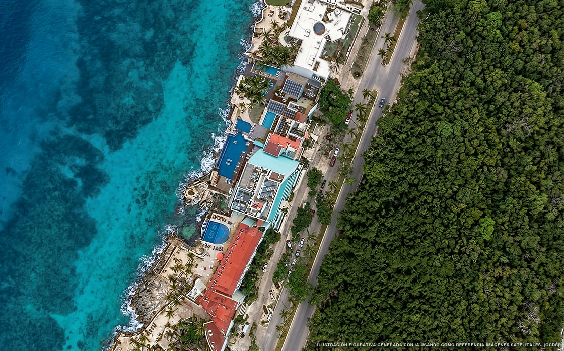 Ilustración aérea de Hotel B Unique, Cozumel (playa Playa Las Rocas), Caribe Mexicano
