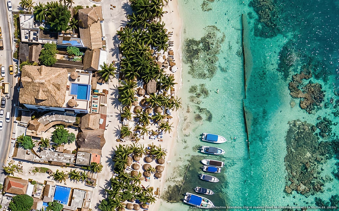 Ilustración aérea de Hotel El Caballo Blanco, Mahahual (playa Mahahual Centro), Caribe Mexicano
