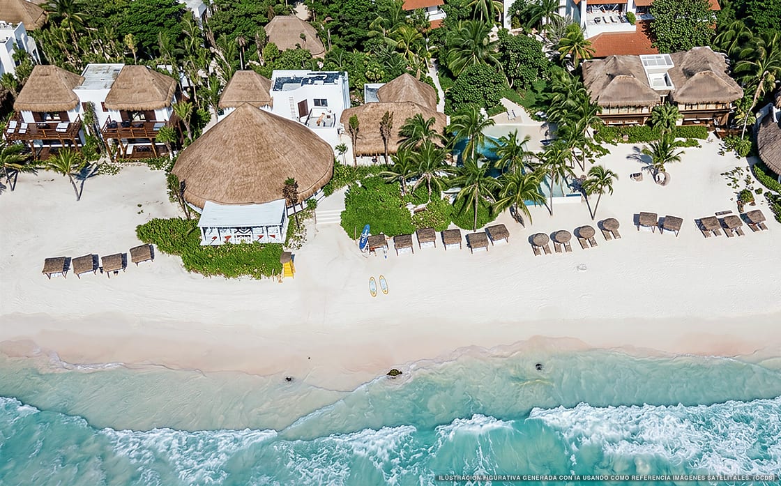Illustrazione aerea di Hotel Esencia, Puerto Aventuras (spiaggia Xpu Ha), Caraibi messicani