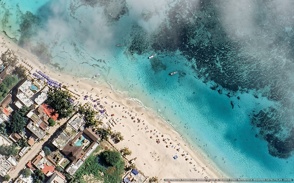 Illustration aérienne de Hotel Kay, Playa del Carmen (plage Playa Fundadores), Caraïbes mexicaines