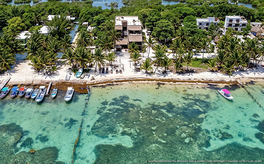 Ilustración aérea de Hotel Luna de Plata, Mahahual (playa Mahahual Sur), Caribe Mexicano