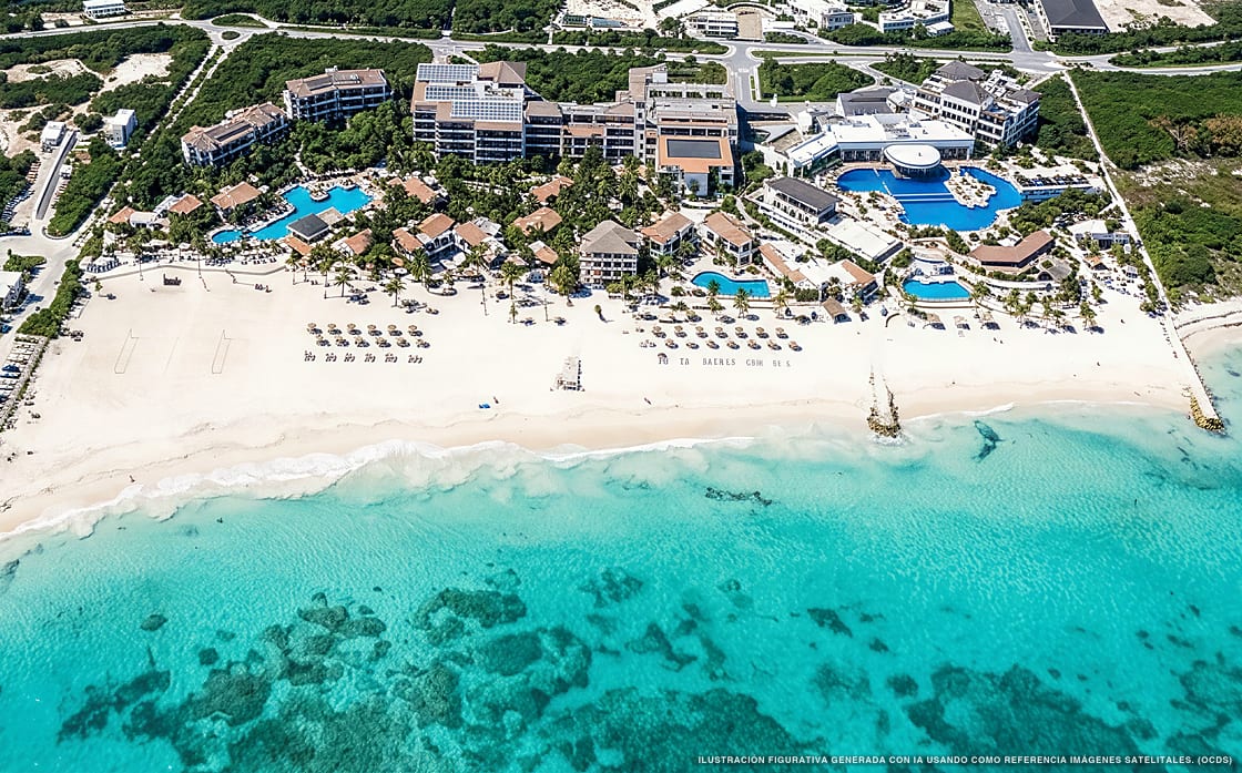 Illustration aérienne de Hotel Marina El Cid Spa & Beach Resort, Puerto Morelos (plage Puerto Morelos Sur), Caraïbes mexicaines