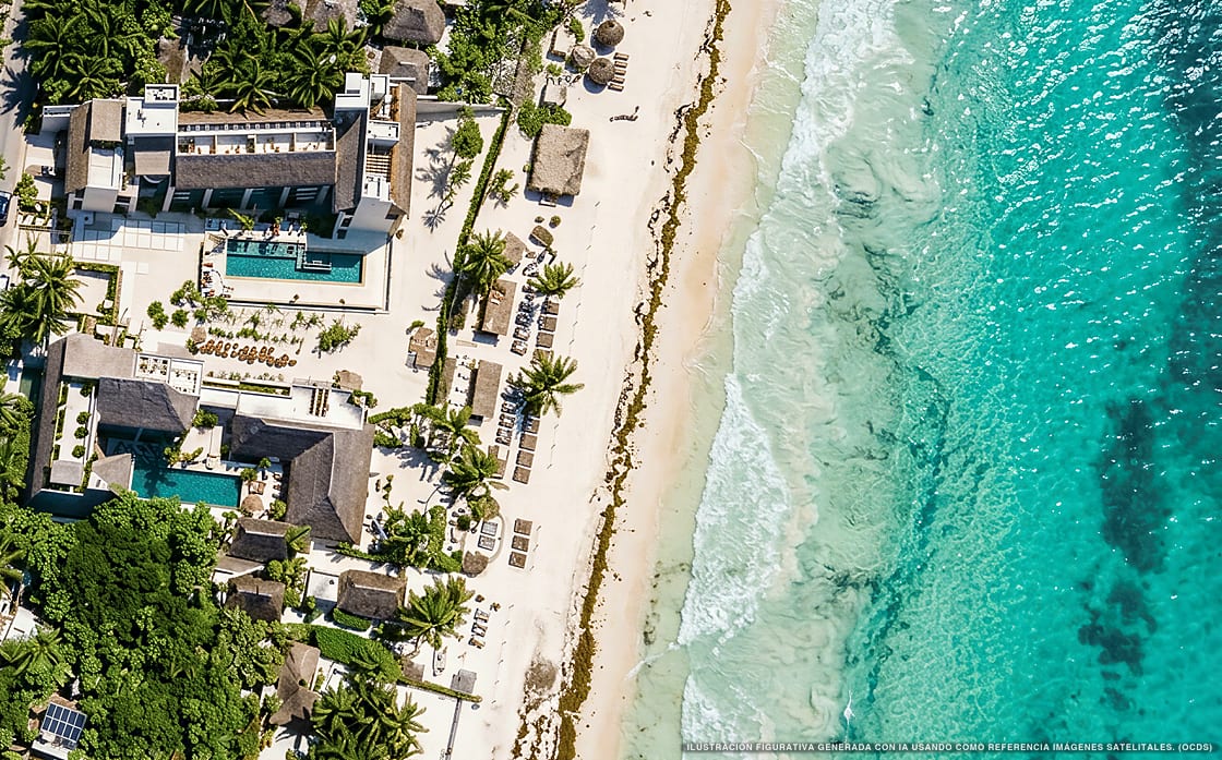 Illustrazione aerea di Hotel Panamera, Tulum (spiaggia Playa Del Pueblo), Caraibi messicani