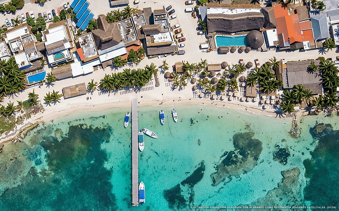 Ilustración aérea de Hotel Quinto Solé, Mahahual (playa Mahahual Centro), Caribe Mexicano