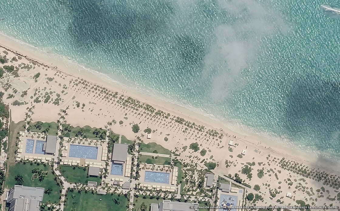 Ilustración aérea de Hotel Riu Dunamar, Isla Mujeres (playa Playa Mujeres), Caribe Mexicano