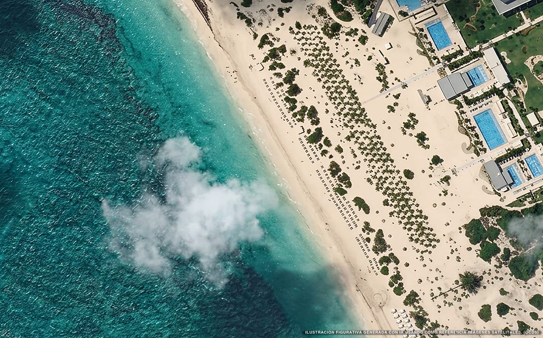 Ilustración aérea de Hotel Riu Latino, Isla Mujeres (playa Playa Mujeres), Caribe Mexicano