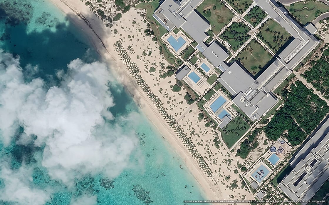 Ilustración aérea de Hotel Riu Palace Costa Mujeres, Isla Mujeres (playa Playa Mujeres), Caribe Mexicano