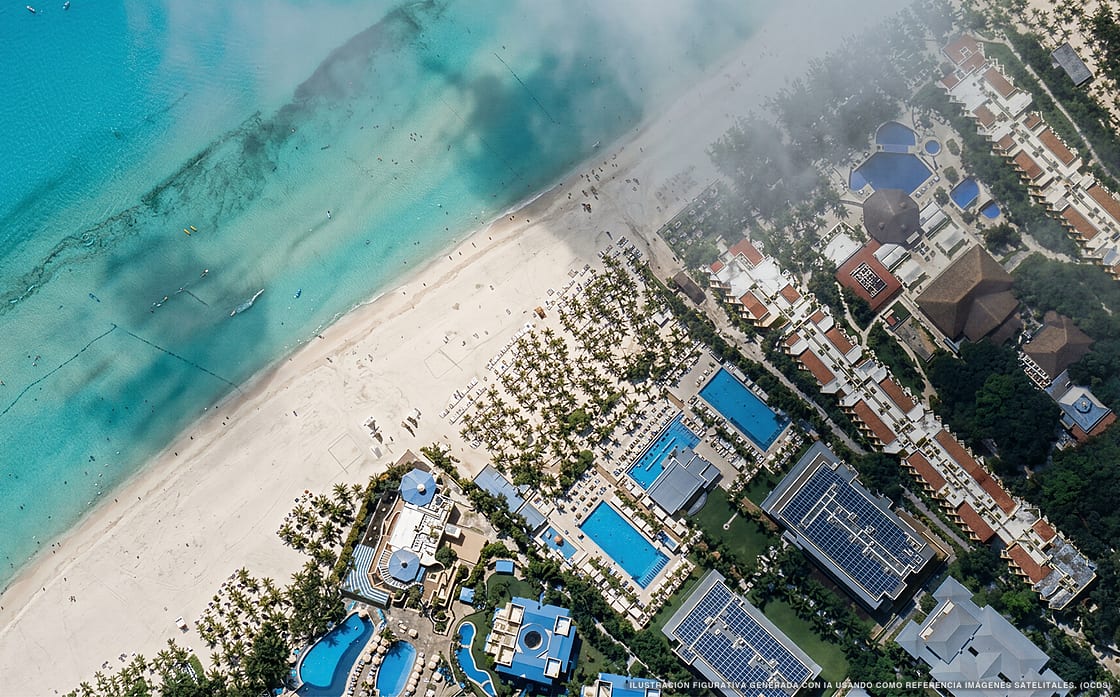 Illustrazione aerea di Hotel Riu Playacar, Playa del Carmen (spiaggia Playacar), Caraibi messicani
