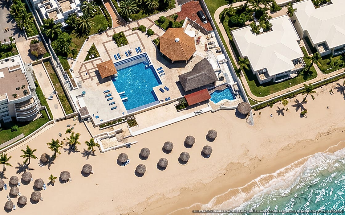 Illustrazione aerea di Hotel y Museo Casa Turquesa, Cancún (spiaggia Playa San Miguelito), Caraibi messicani