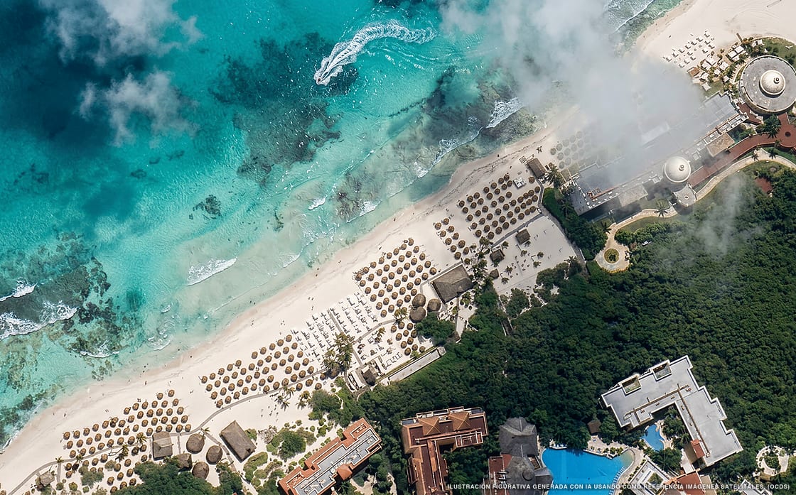 Illustration aérienne d'Iberostar Selection Paraíso Maya Suites, Puerto Morelos (plage Playa Paraiso Puerto Morelos), Caraïbes mexicaines