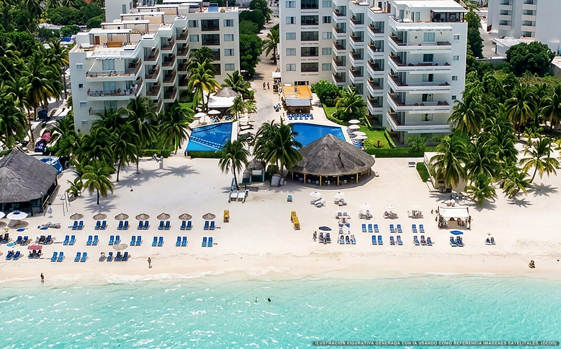 Illustration aérienne d'Ixchel Beach Hotel, Isla Mujeres (plage Playa Norte), Caraïbes mexicaines