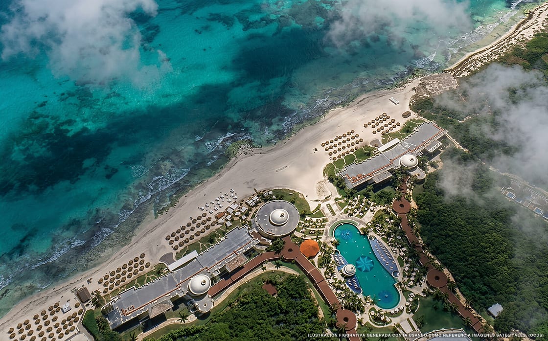 Illustration aérienne de JOIA Paraíso by Iberostar, Puerto Morelos (plage Playa Paraiso Puerto Morelos), Caraïbes mexicaines