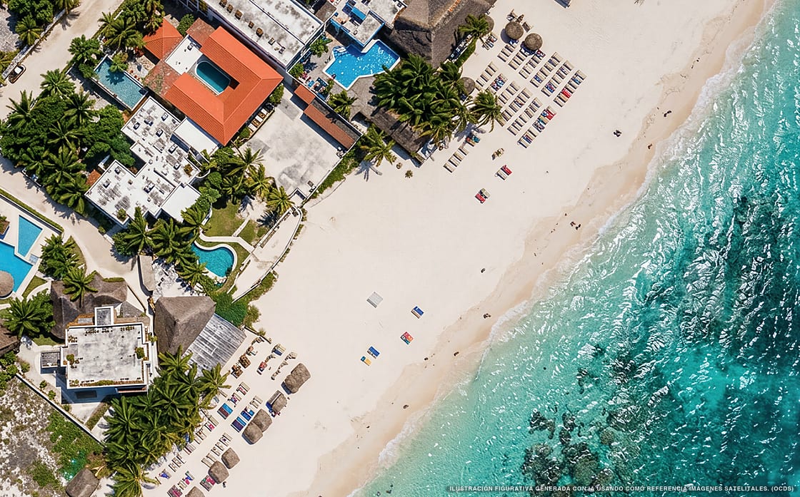 Illustrazione aerea di Kabañas Ojo de Agua, Puerto Morelos (spiaggia Puerto Morelos Centro), Caraibi messicani