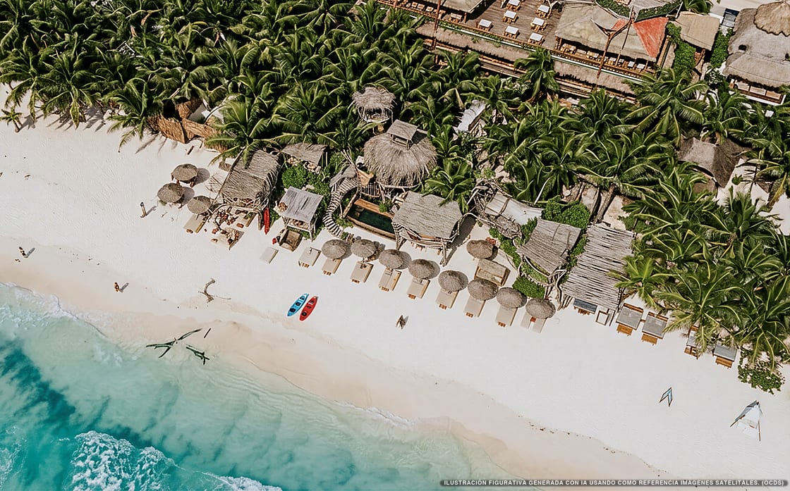 Illustrazione aerea di Kanan Tulum, Tulum (spiaggia Playa Del Pueblo), Caraibi messicani