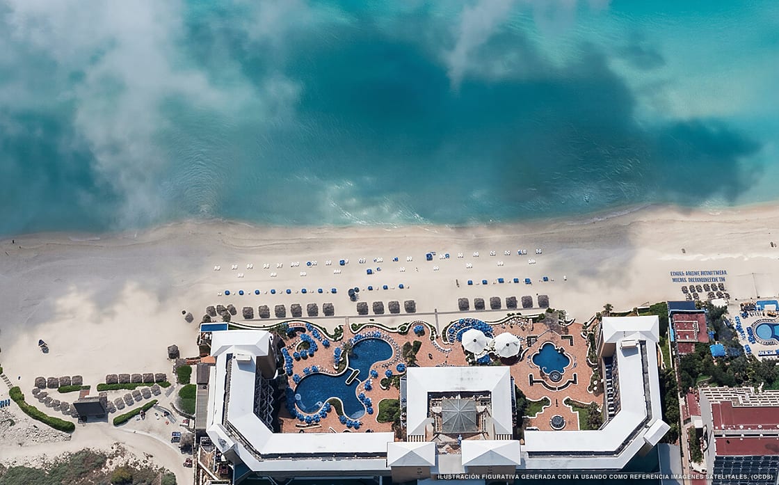 Aerial illustration of Kempinski Hotel Cancún, Cancún (Playa Ballenas beach), Mexican Caribbean