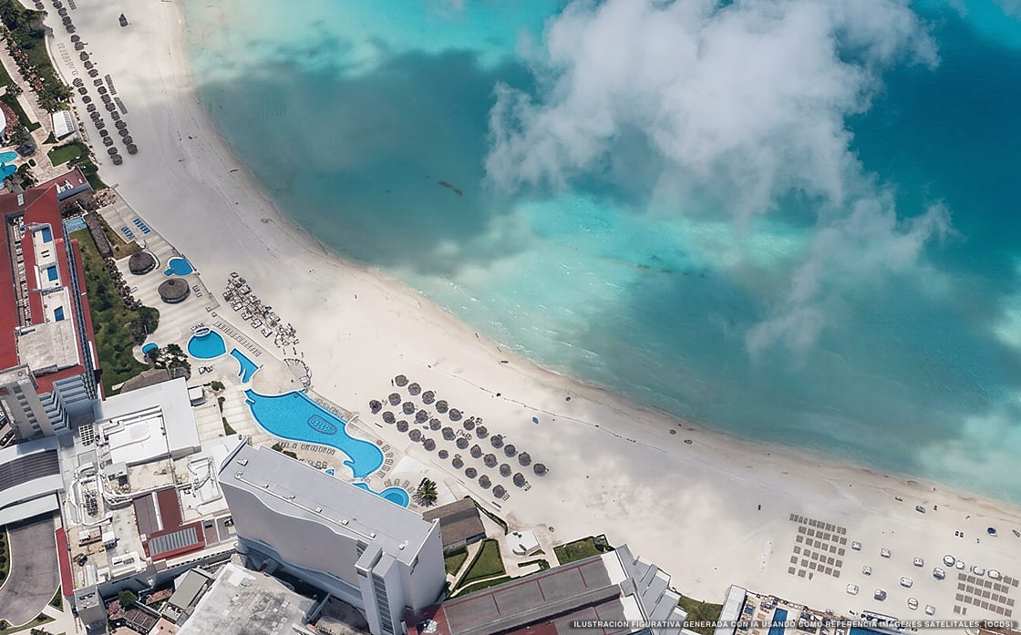 Ilustração aérea de Krystal Cancún, Isla Mujeres (praia Playa Gaviota Azul), Caribe Mexicano