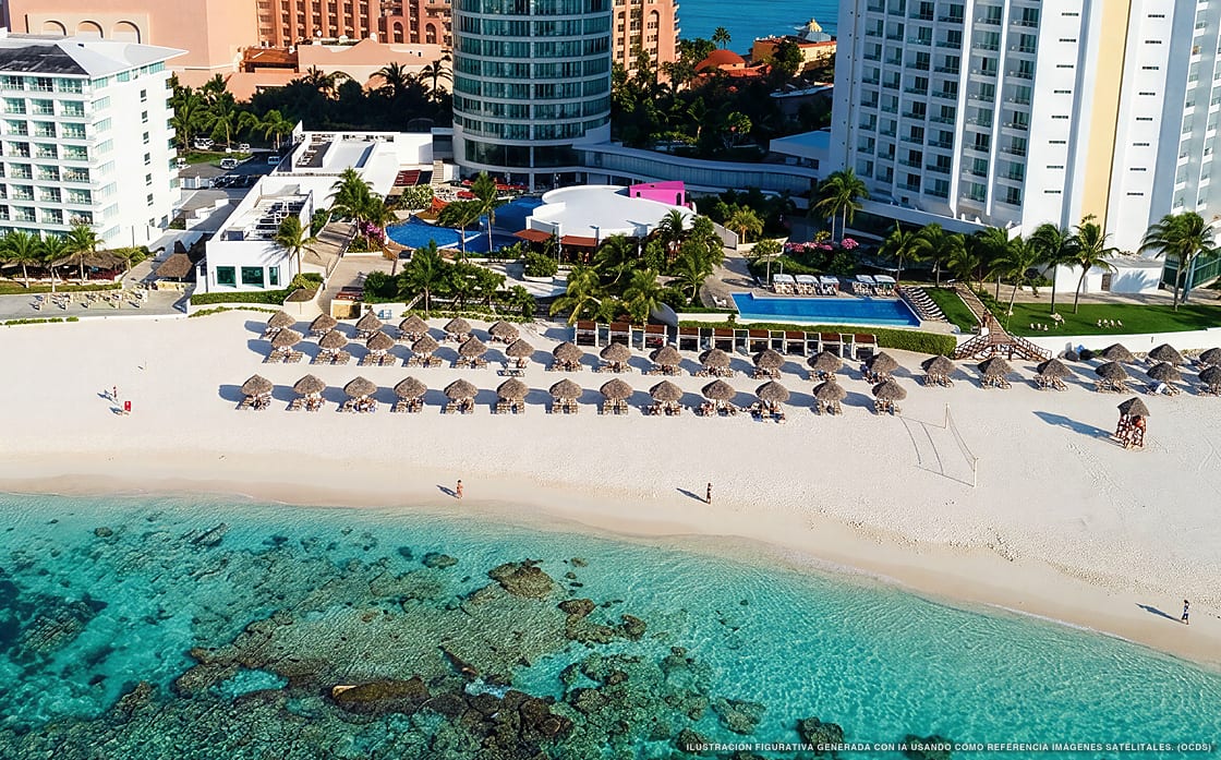 Illustrazione aerea di Krystal Grand Cancún, Isla Mujeres (spiaggia Playa Gaviota Azul), Caraibi messicani