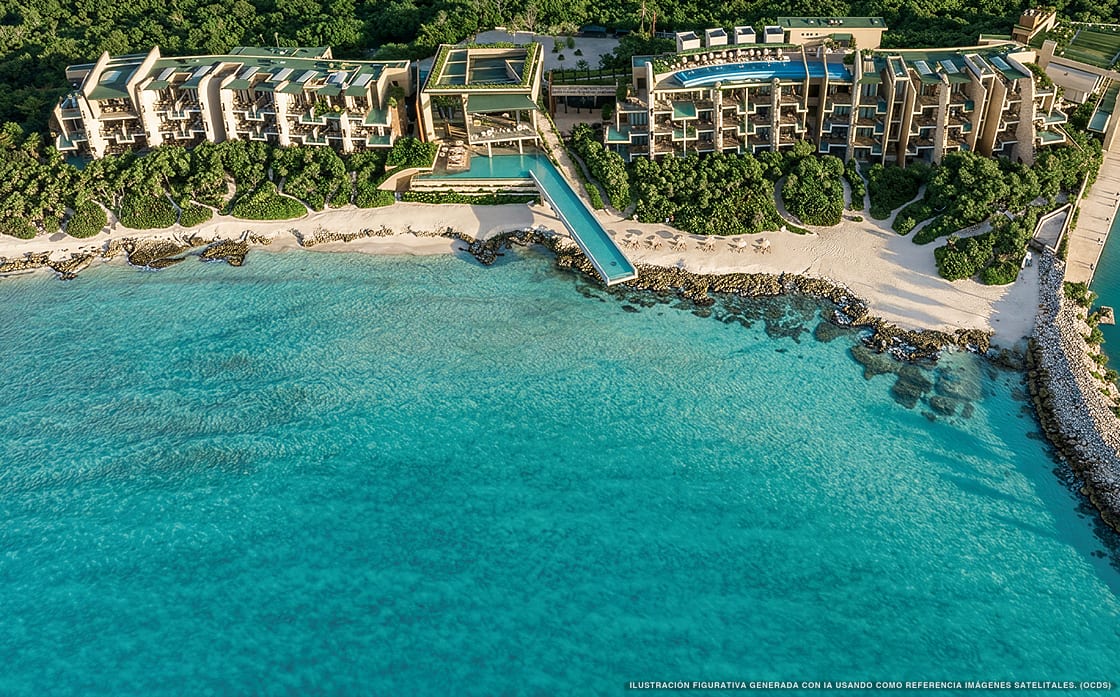 Illustration aérienne de La Casa de la Playa by Xcaret, Cozumel (plage Xcaret Arte), Caraïbes mexicaines