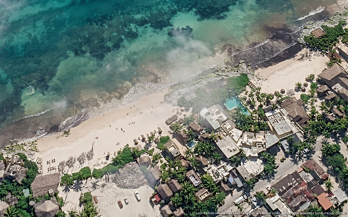 Illustrazione aerea di La Posada del Sol, Tulum (spiaggia Azulik), Caraibi messicani