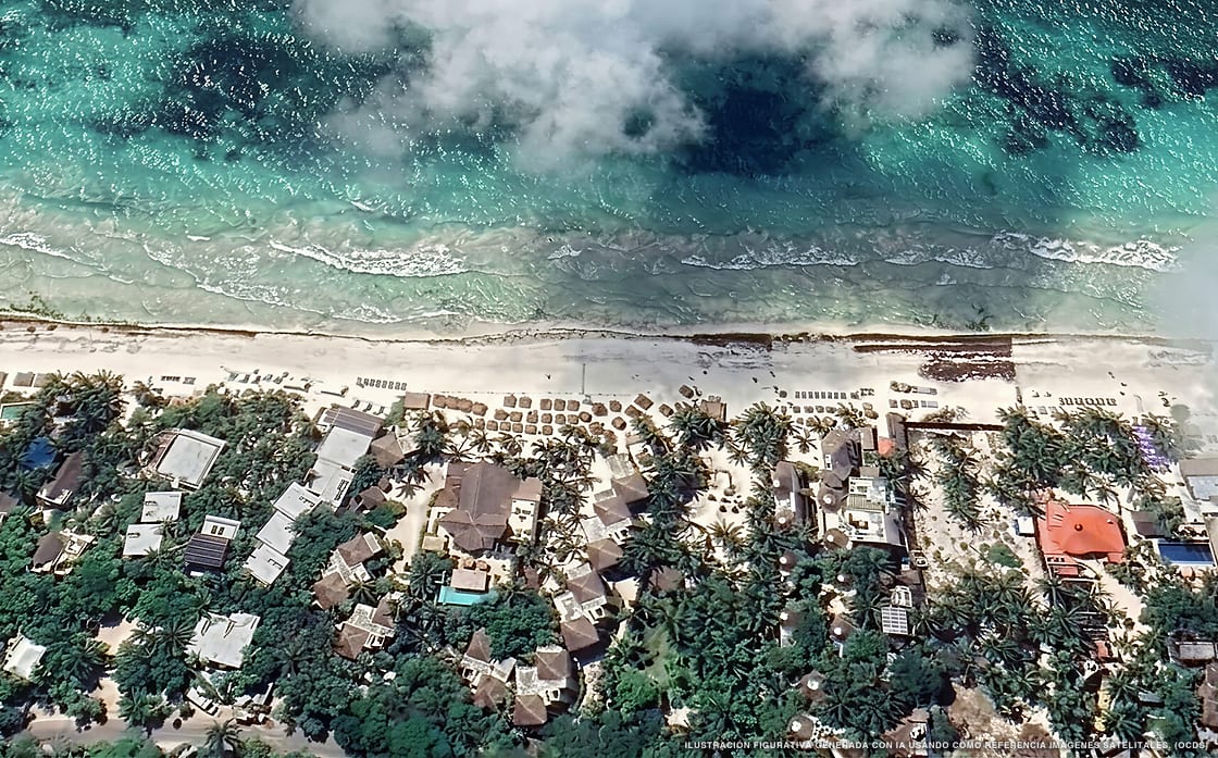 Illustration aérienne de La Zebra Tulum, Tulum (plage Playa Del Pueblo), Caraïbes mexicaines