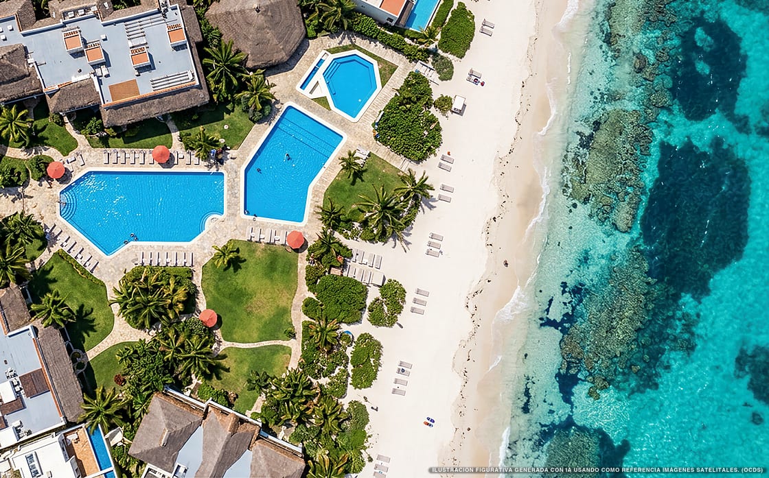 Illustration aérienne de Las Villas Akumal, Akumal (plage Akumal Sur), Caraïbes mexicaines