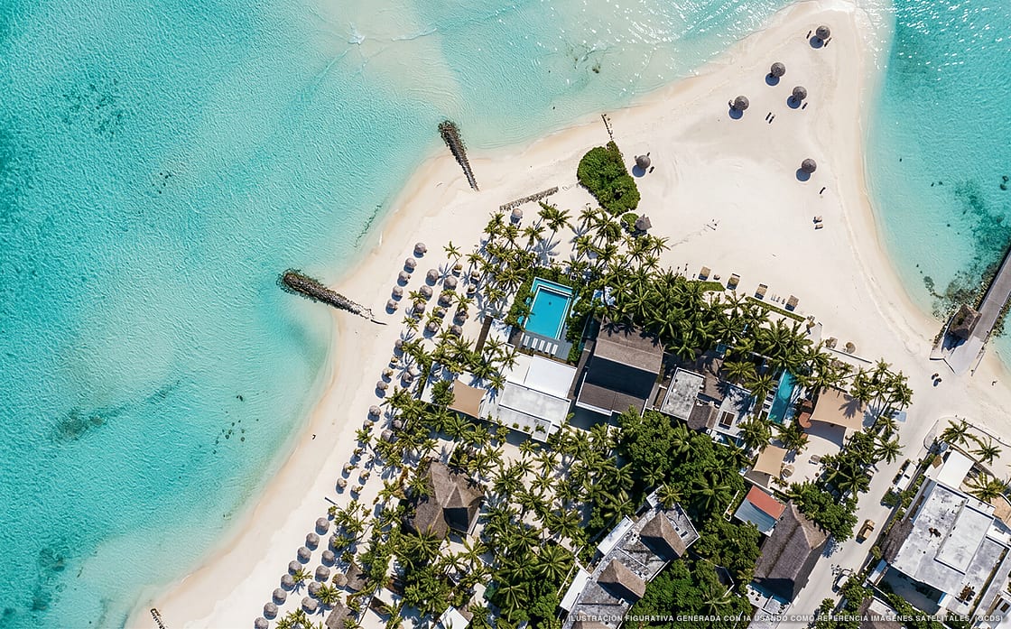 Illustrazione aerea di Lotus Beach Hotel, Isla Mujeres (spiaggia Playa Norte), Caraibi messicani