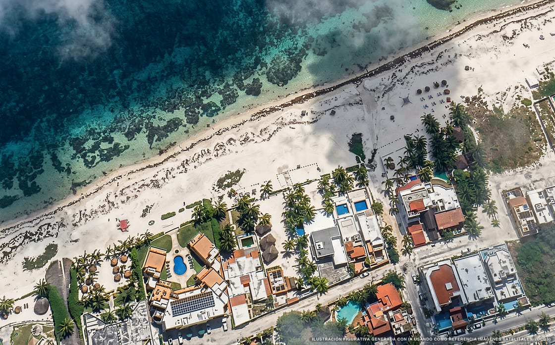 Illustration aérienne de Makuuch Cabañas, Puerto Morelos (plage Puerto Morelos Centro), Caraïbes mexicaines