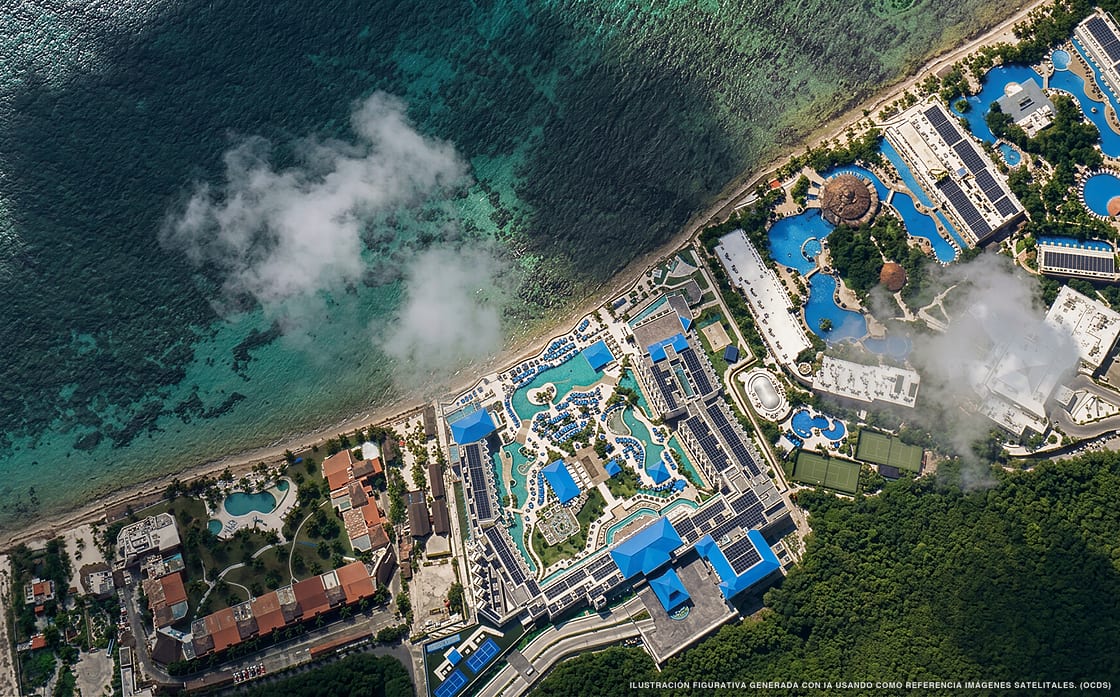 Ilustración aérea de Margaritaville Island, Puerto Morelos (playa Punta Caracol), Caribe Mexicano