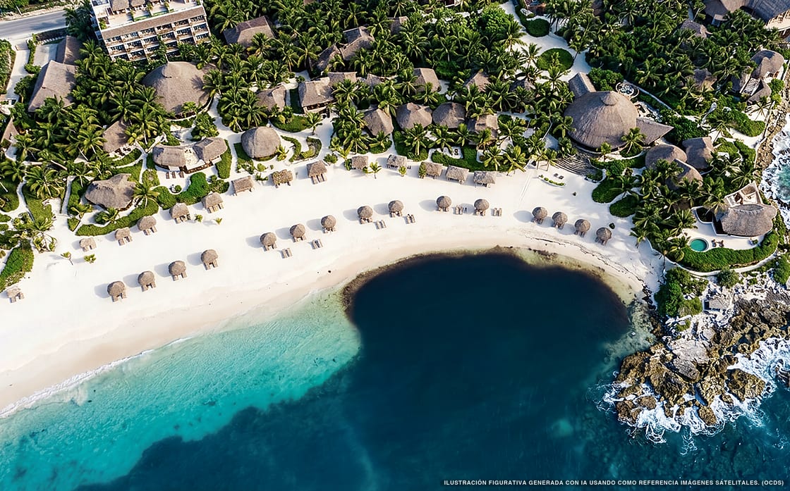 Illustrazione aerea di Maya Tulum, Tulum (spiaggia Playa Del Pueblo), Caraibi messicani
