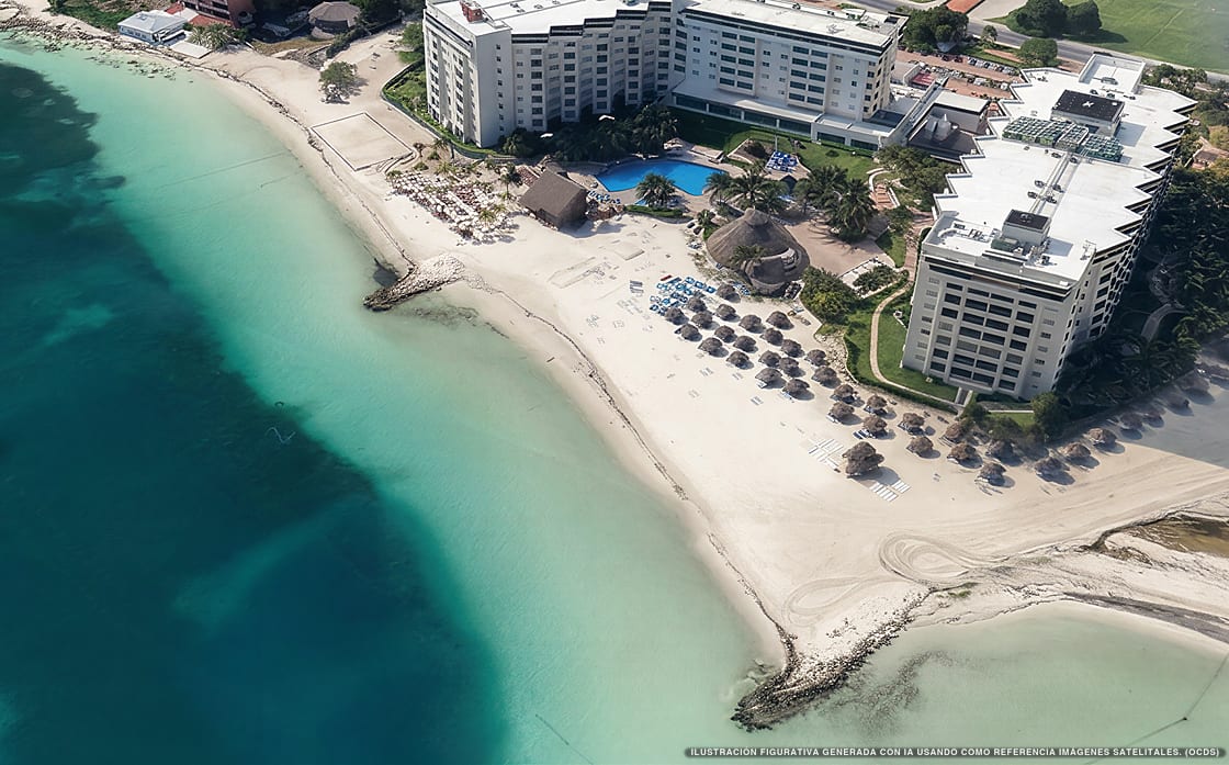Illustrazione aerea di Meliá Casa Maya Cancún, Cancún (spiaggia Playa Langosta), Caraibi messicani