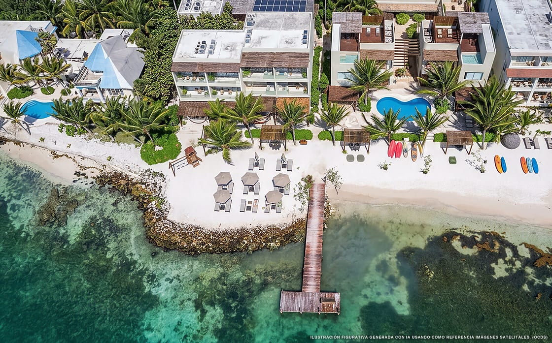 Illustrazione aerea di Mereva Tulum, Tulum (spiaggia Bahia Tulum Norte), Caraibi messicani