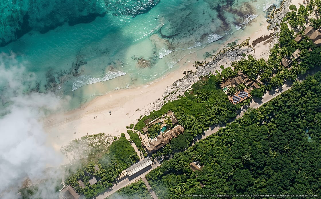 Illustration aérienne de Mezzanine, Tulum (plage Playa Condesa), Caraïbes mexicaines