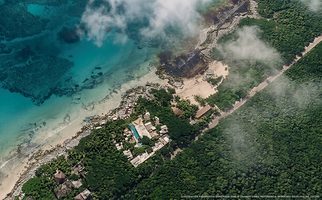Illustrazione aerea di Mi Amor by La Zebra, Tulum (spiaggia Playa Papaya), Caraibi messicani