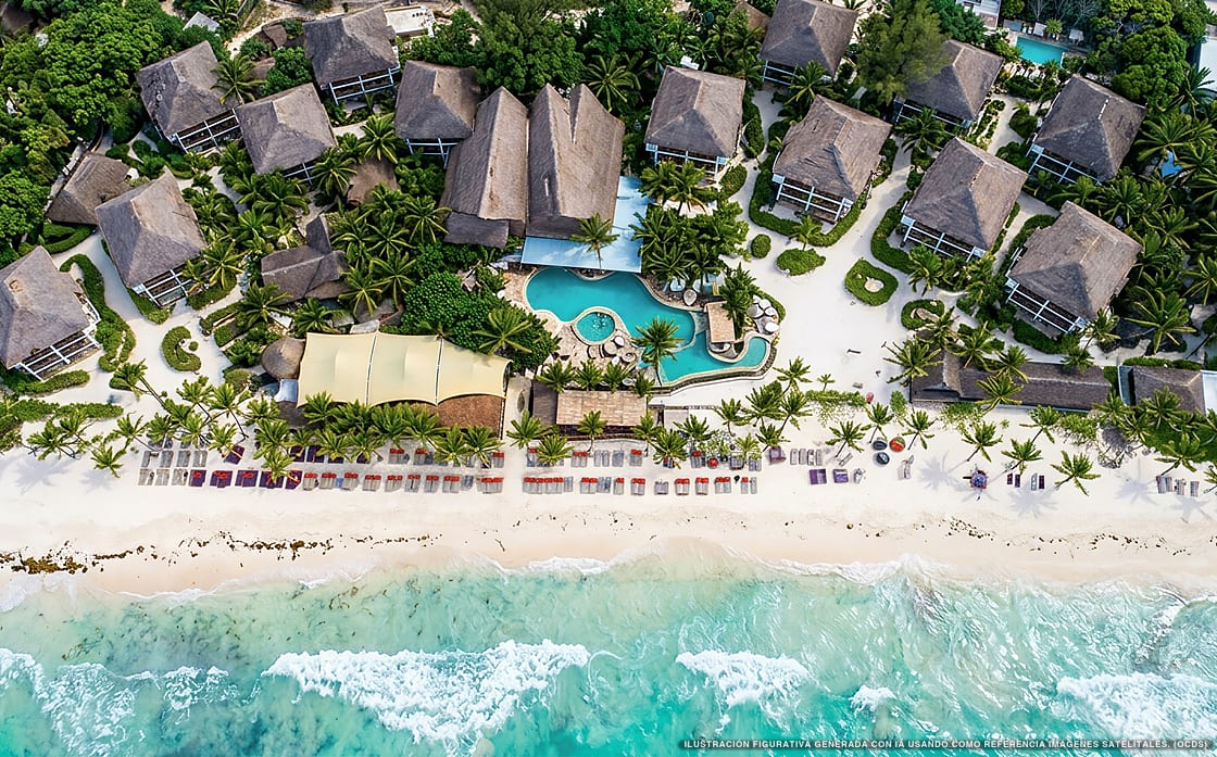 Illustrazione aerea di Mía Tulum, Tulum (spiaggia Playa Del Pueblo), Caraibi messicani