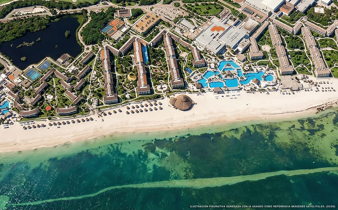 Ilustración aérea de Moon Palace Nizuc, Puerto Morelos (playa Moon Palace), Caribe Mexicano
