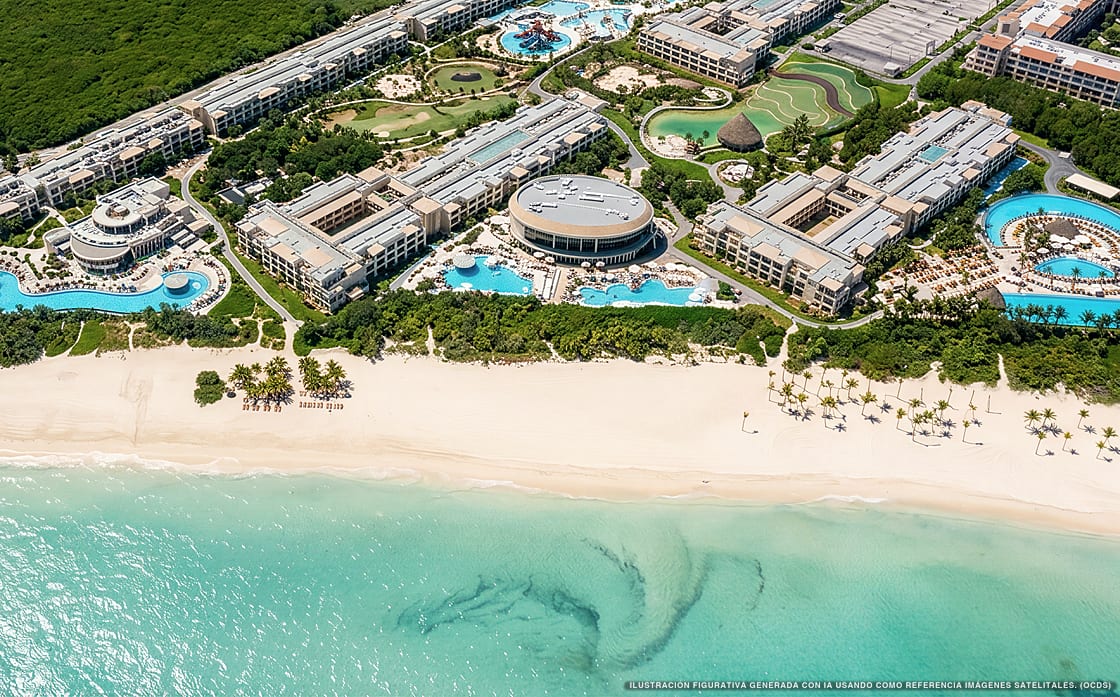 Ilustración aérea de Moon Palace The Grand Cancún, Puerto Morelos (playa Moon Palace), Caribe Mexicano
