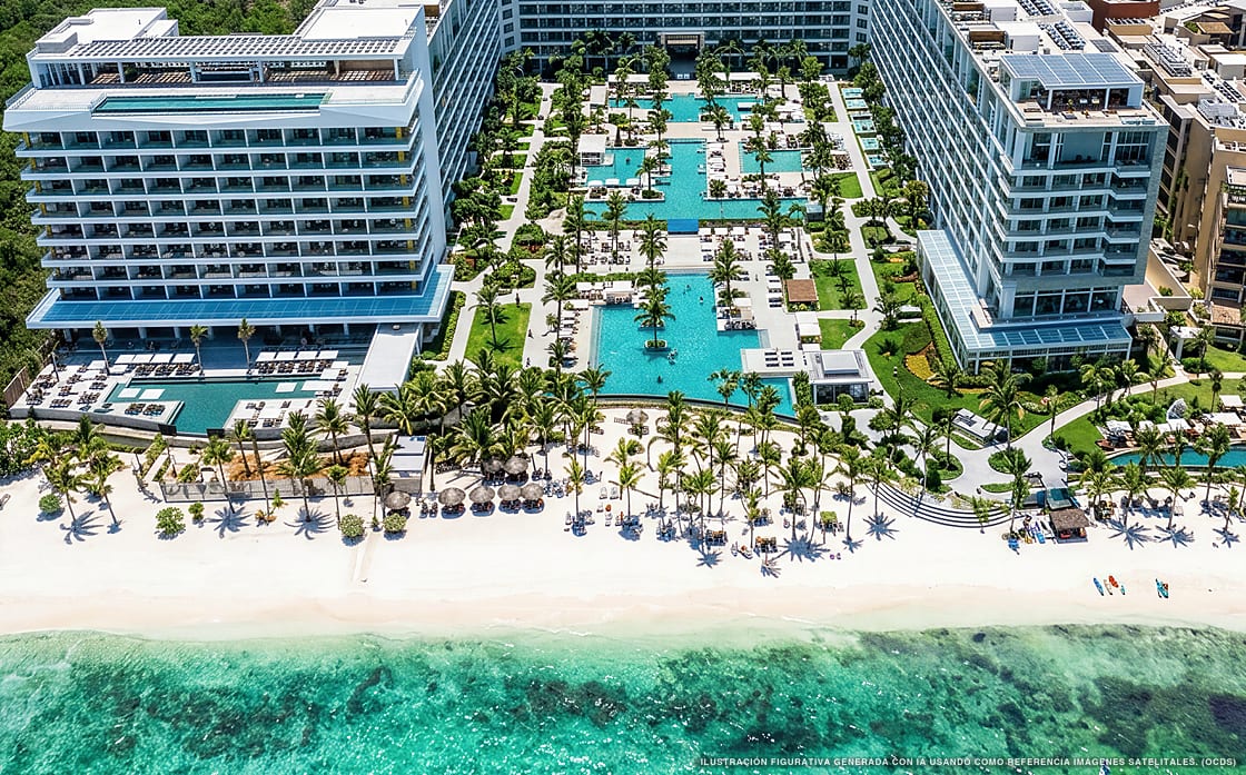 Ilustración aérea de Mousai Cancún, Isla Mujeres (playa Playa El Palmar), Caribe Mexicano
