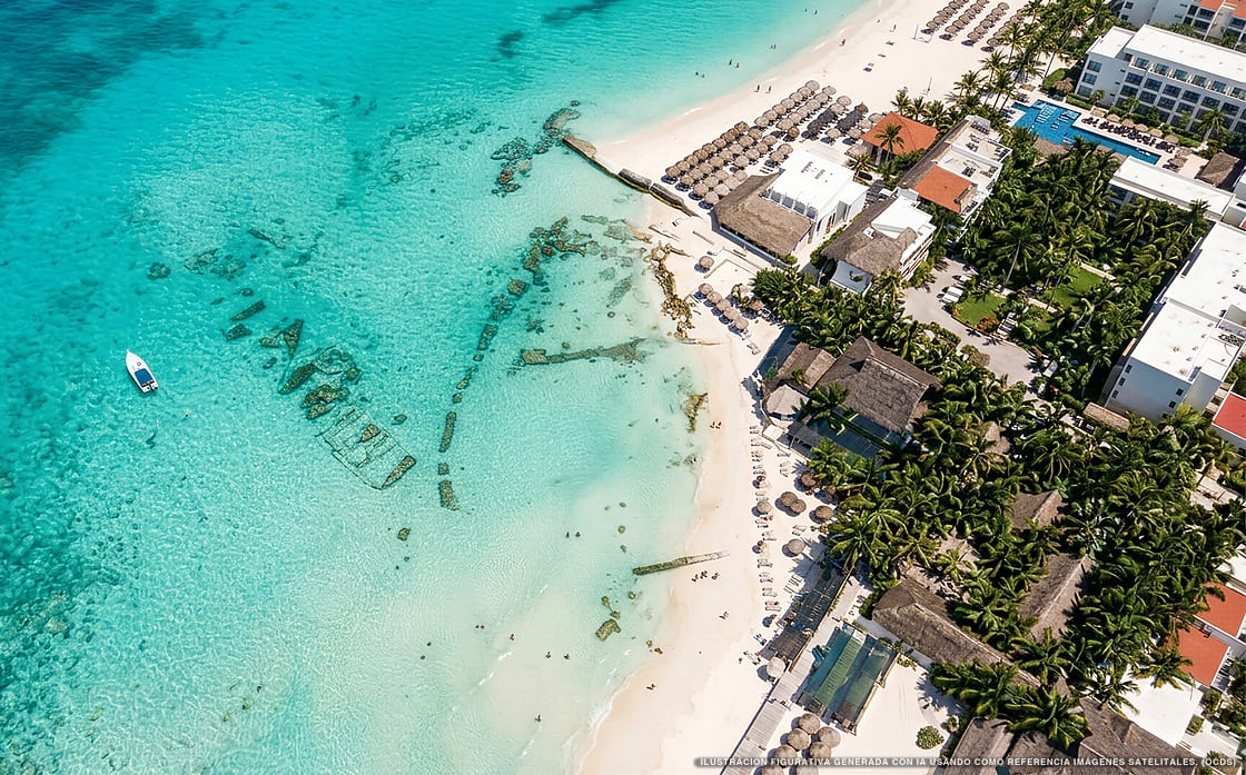 Illustration aérienne de Nautibeach Condos, Isla Mujeres (plage Playa Sol), Caraïbes mexicaines
