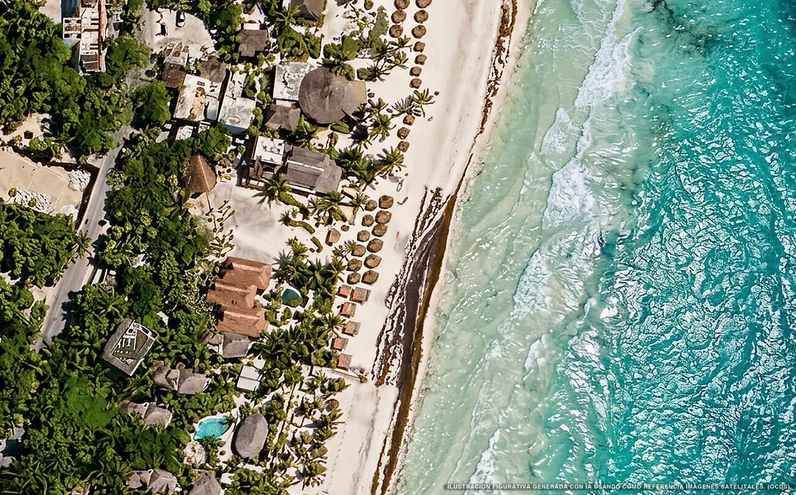 Illustrazione aerea di NIKEN, Tulum (spiaggia Playa Del Pueblo), Caraibi messicani