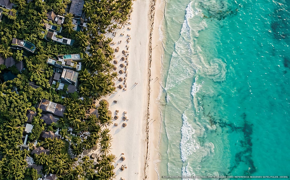 Illustration aérienne de Nômade Temple Tulum, Tulum (plage Playa Del Pueblo), Caraïbes mexicaines