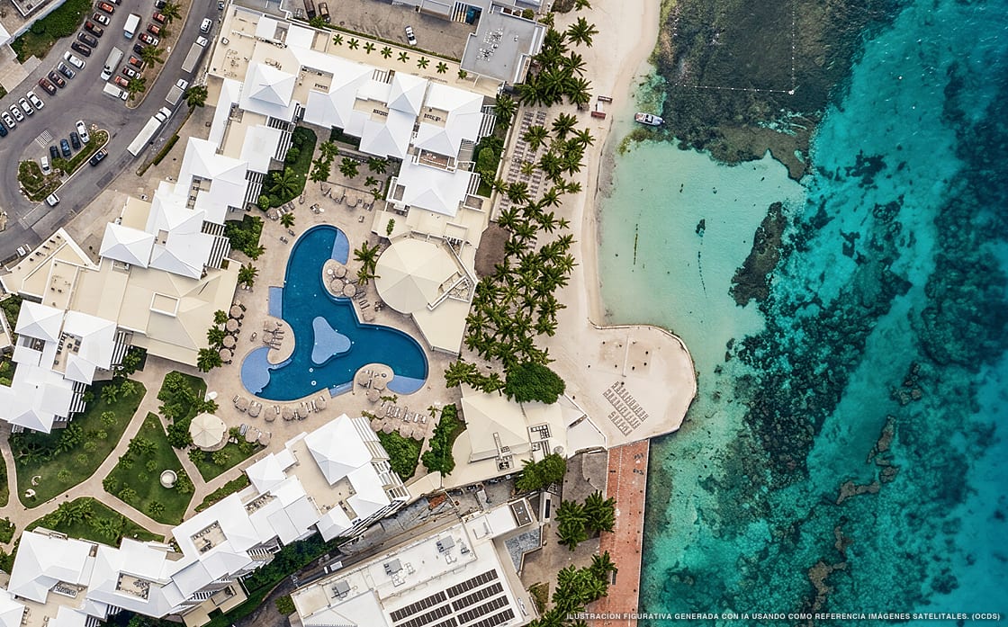 Ilustración aérea de Occidental Costa Cancún, Cancún (playa Playa Las Perlas), Caribe Mexicano