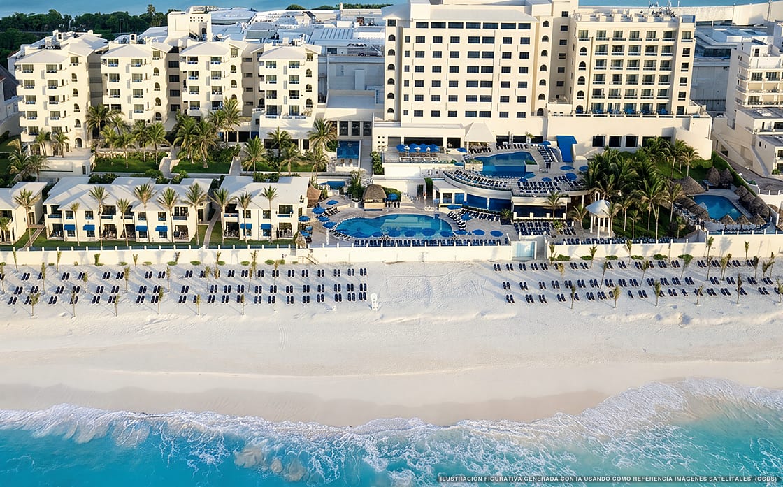 Illustrazione aerea di Occidental Tucancún, Cancún (spiaggia Playa Marlin), Caraibi messicani