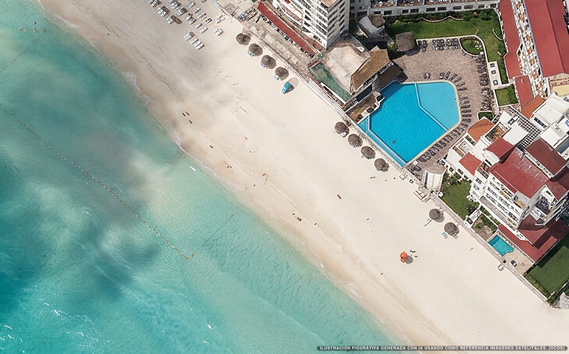 Ilustración aérea de Ocean View Apartments, Cancún (playa Playa Delfines Sur), Caribe Mexicano