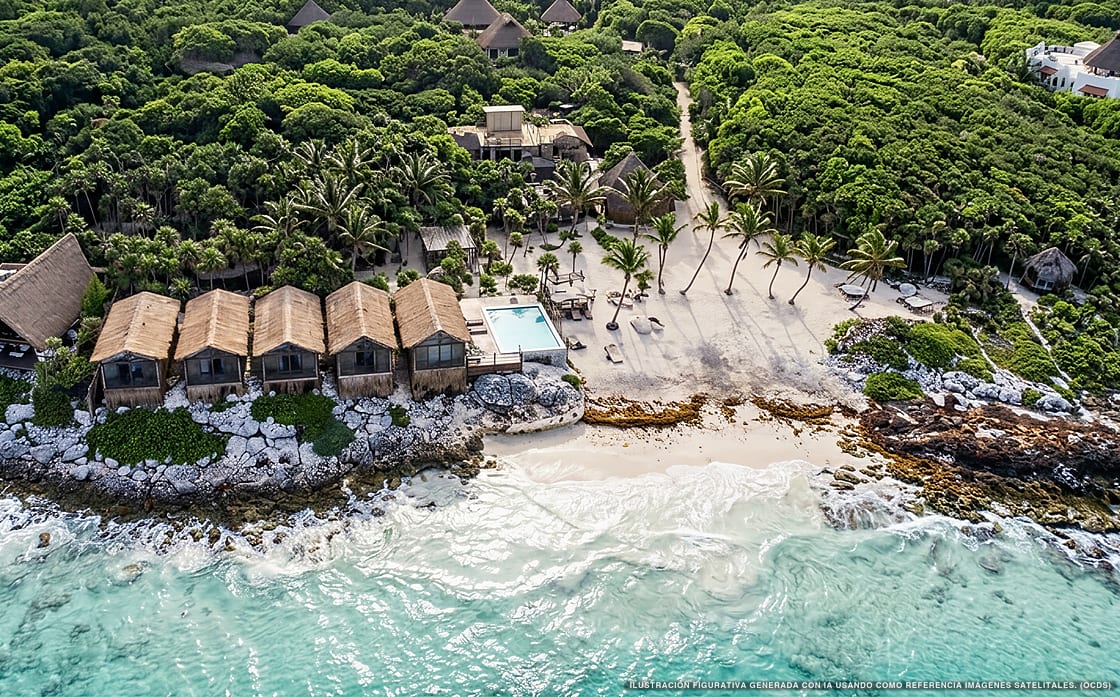 Illustration aérienne d'Our Habitas Tulum, Tulum (plage Playa Papaya), Caraïbes mexicaines