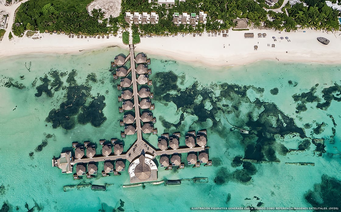 Illustrazione aerea di Palafitos Overwater Bungalows, Playa del Carmen (spiaggia Playa Kanai), Caraibi messicani