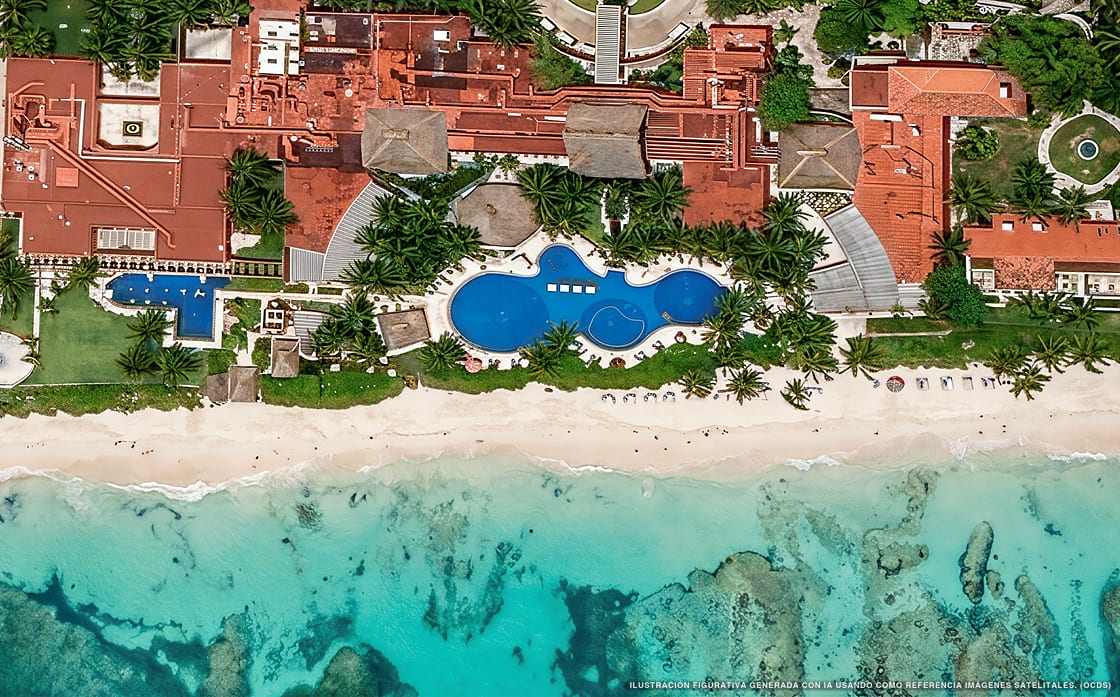 Ilustración aérea de Paraiso de la Bonita, Puerto Morelos (playa Bahia Petempich), Caribe Mexicano