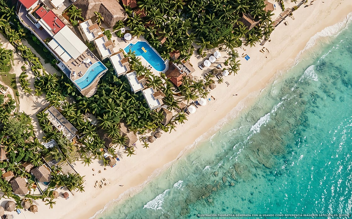 Illustration aérienne de Mvngata Beach Hotel, Playa del Carmen (plage Playa Xcalacoco), Caraïbes mexicaines