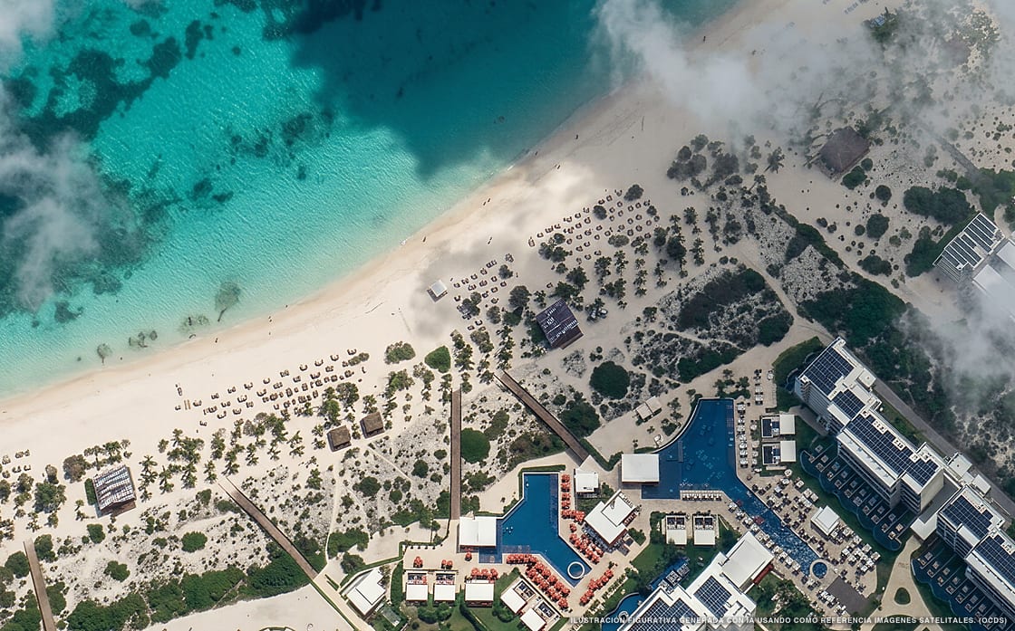 Ilustración aérea de Planet Hollywood Cancún, Isla Mujeres (playa Playa Mujeres), Caribe Mexicano